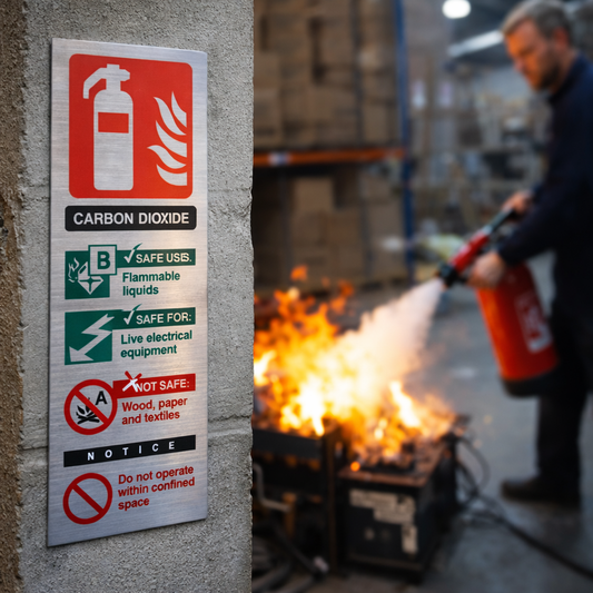 CO2 Extinguisher Identification Sign – 75mm x 200mm – Brushed Aluminium – Safety Compliance