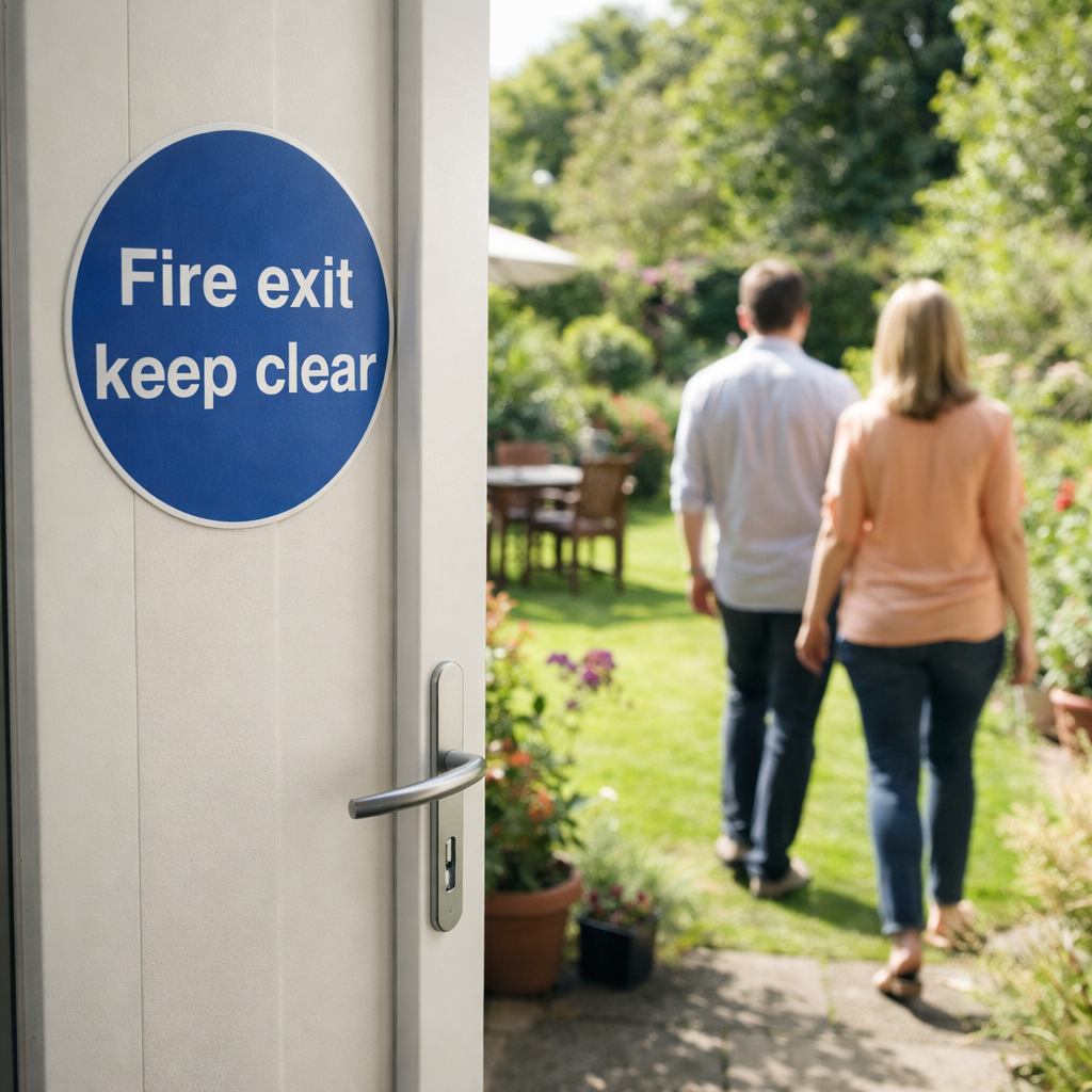 Fire Exit Keep Clear Sign – 1mm Rigid Plastic – Indoor/Outdoor Use