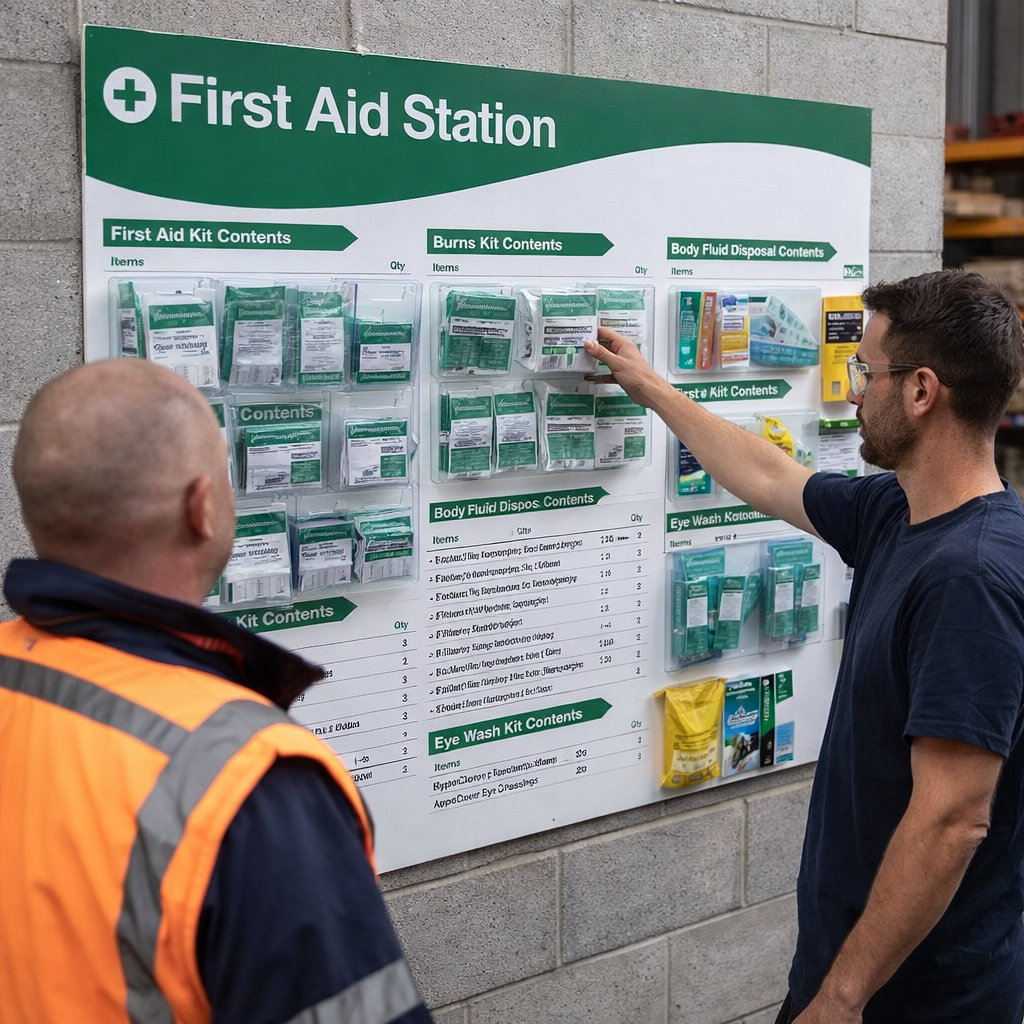 Branded First Aid Station with Fork & Lift Truck Safety Poster – 1200mm x 680mm – Rigid Correx Plastic – Workplace Safety