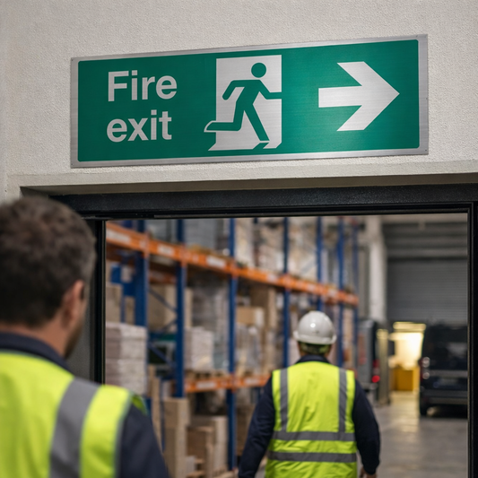 Fire Exit Arrow Right Sign – 300mm x 100mm – Brushed Aluminium – Emergency Use