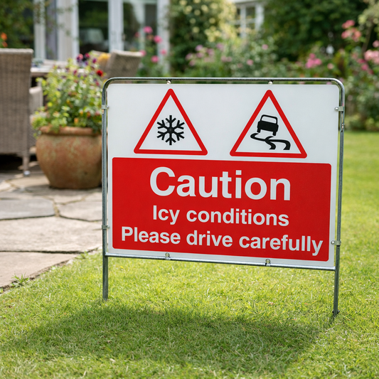 Caution Icy Conditions Sign – 600mm x 450mm – Rigid Plastic with Metal Frame – Indoor/Outdoor Use