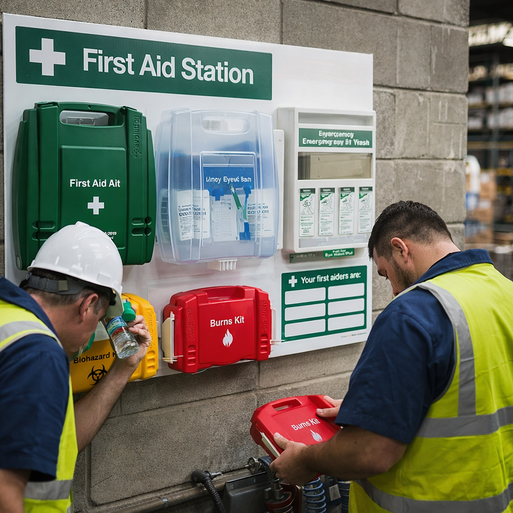First Aid Station with Eyewash Dispenser – 920mm x 700mm – Durable Correx Plastic – Workplace Safety