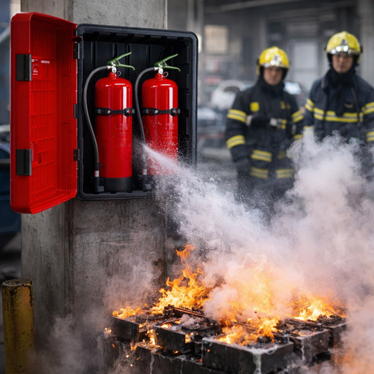 Battery Fire Extinguisher & Double Cabinet Bundle – Water-Based – Industrial Use