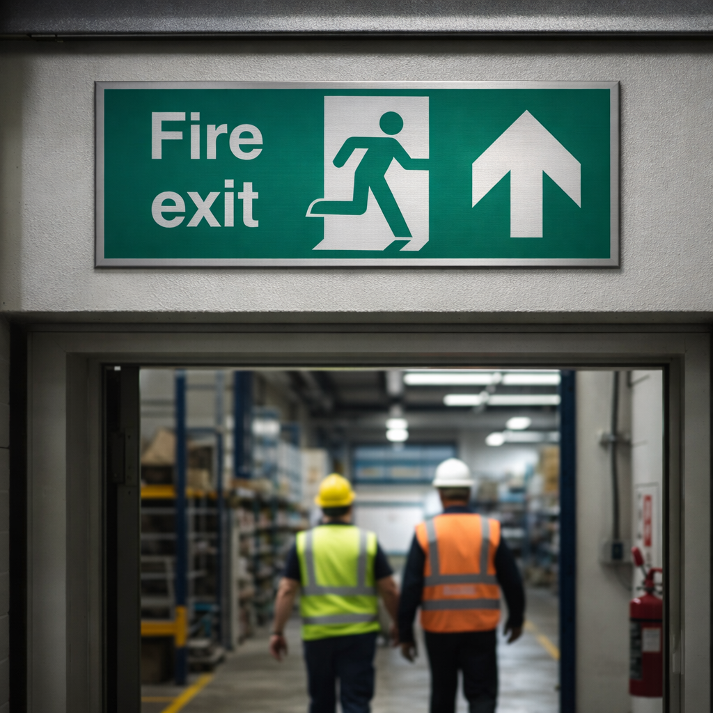 Fire Exit Arrow Ahead Sign – 300mm x 100mm – Brushed Aluminium – Indoor Safety