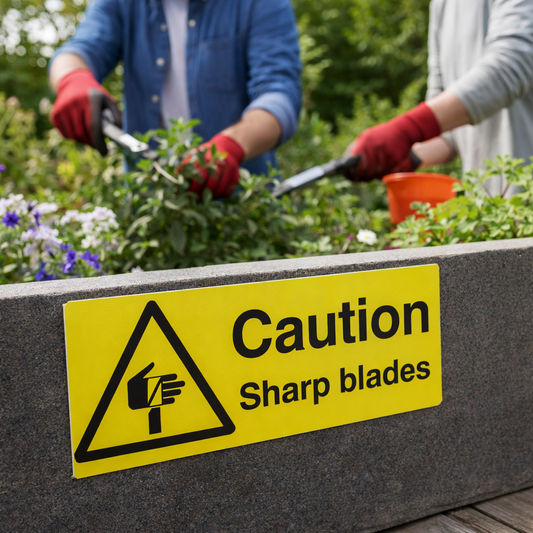 Caution Sharp Blades Safety Signs – 1mm Rigid Plastic – Indoor/Outdoor Use