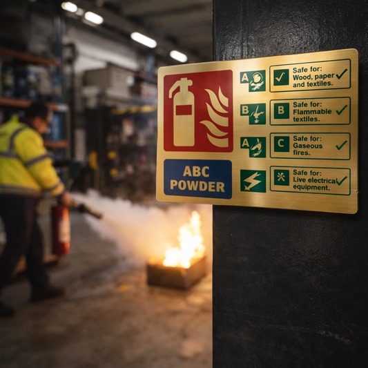 Brass ABC Powder Extinguisher ID Sign – 200mm x 150mm – Polished Finish – Commercial Use