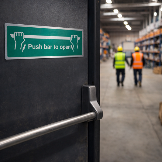 Push Bar To Open Sign – 300mm x 100mm – Brushed Aluminium – Emergency Exit