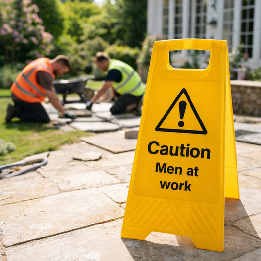 Caution Men at Work Plastic A-Board Sign – 300mm x 600mm – Polypropylene – Indoor/Outdoor Use
