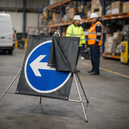 Reversible Arrow Fold-Up Road Sign – 750mm Diameter – Reflective PVC – Work-Zone Use