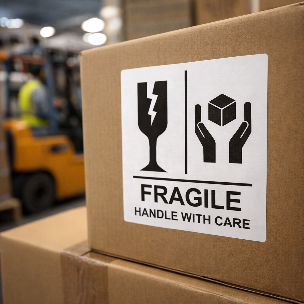 Fragile Handle With Care Labels – 75mm x 100mm – Self Adhesive Vinyl – Indoor Use