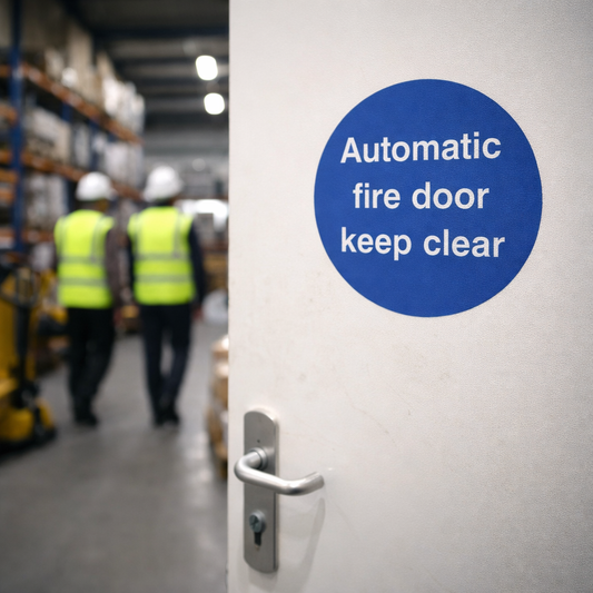 Automatic Fire Door Labels – 100mm x 100mm – Self Adhesive Vinyl – Indoor Use