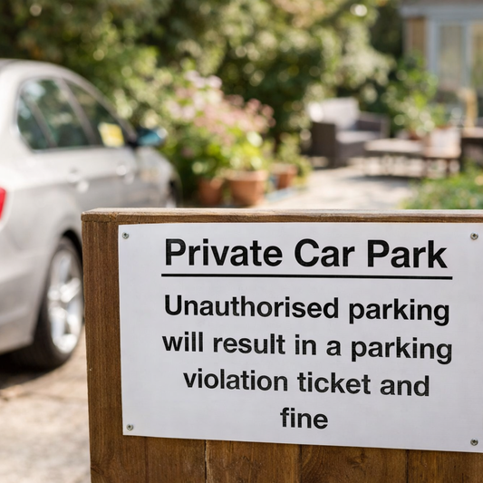 Private Car Park Unauthorised Parking Will Result in a Ticket and Fine Sign – 400mm x 300mm – Rigid Plastic – Indoor/Outdoor Use