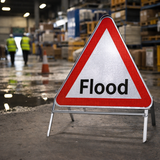 Flood Warning Reflective Temporary Road Traffic Sign – Class RA1 – Zintec Material – Industrial Use