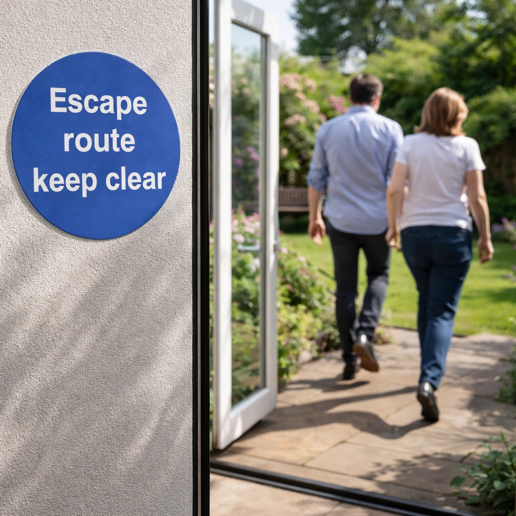Escape Route Keep Clear Signs – 1mm Rigid Plastic & Self-Adhesive Vinyl – Indoor/Outdoor Use
