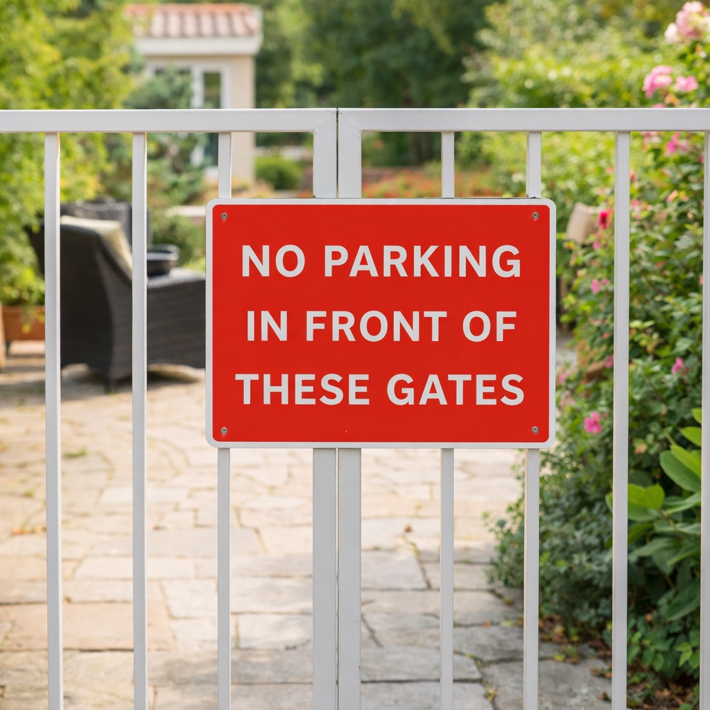 No Parking in Front of These Gates Signs – 1mm Rigid Plastic & Aluminium – Outdoor & Indoor Use