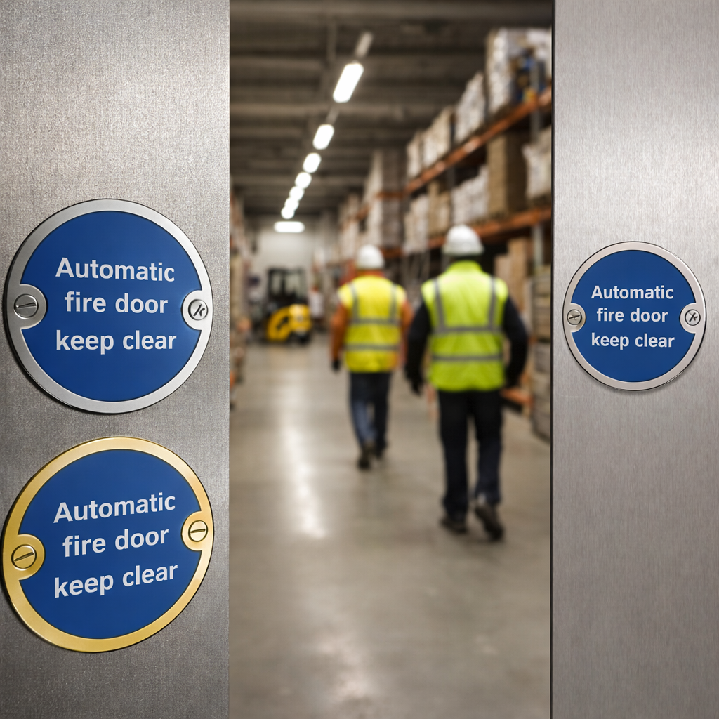 Automatic Fire Door Keep Clear Signs – 76mm Diameter – Brushed Aluminium, Polished Brass, Stainless Steel – Indoor Use