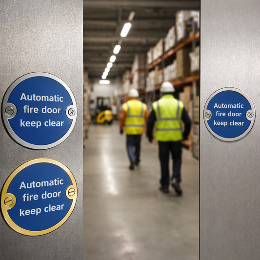 Automatic Fire Door Keep Clear Signs – 76mm Diameter – Brushed Aluminium, Polished Brass, Stainless Steel – Indoor Use