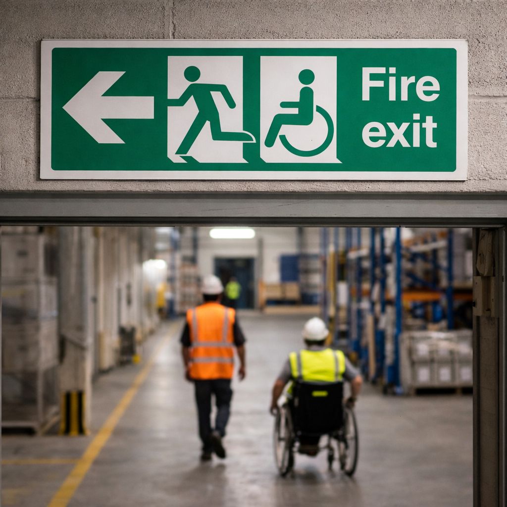 Fire Exit Sign – Left Arrow – Disabled Symbol & Running Man – Safety