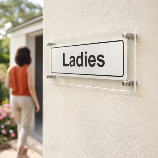 Ladies Door Sign – 450mm x 150mm – Clear Acrylic with Stand-offs – Indoor/Outdoor Use