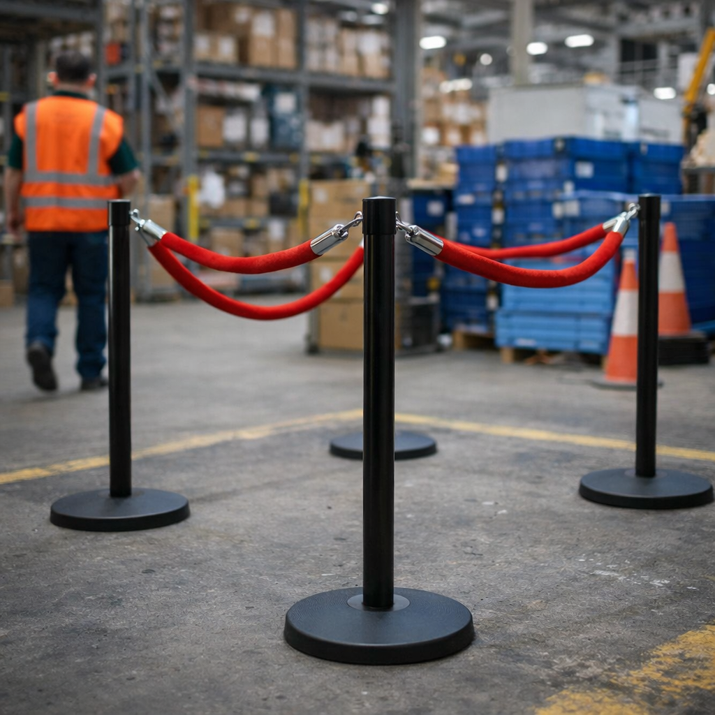 Flat Top Rope and Post Barrier – Black – Heavy Duty Rubber Base – Queue Management