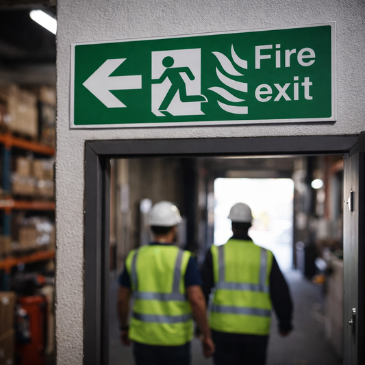 Fire Exit Sign – Arrow Left with Flames & Running Man – Safety Signage