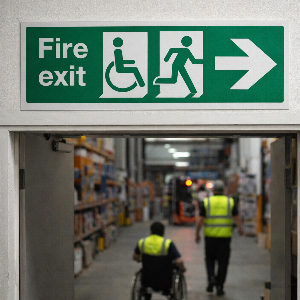 Fire Exit Sign – Disabled Symbol & Running Man – Right Arrow – Indoor Safety