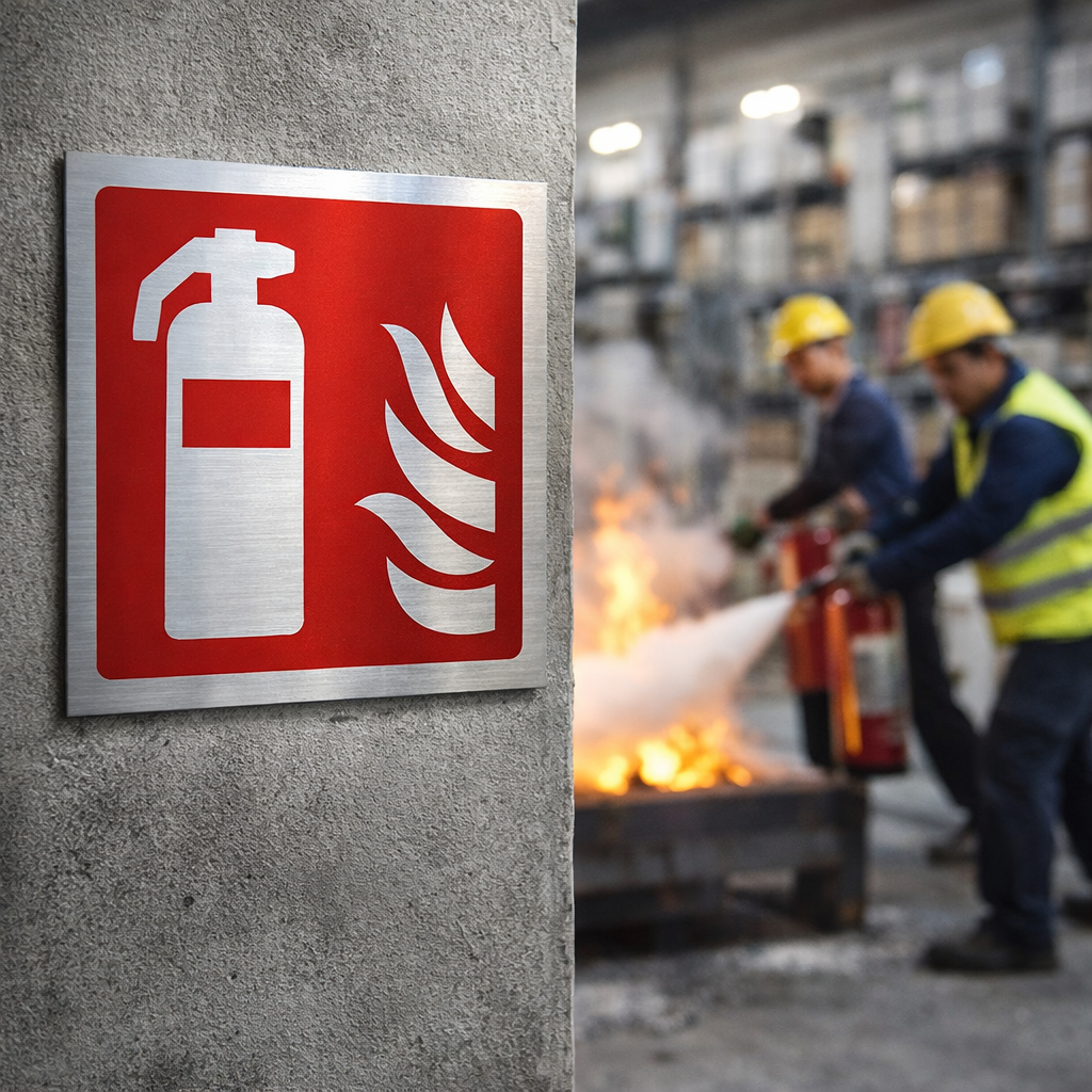 Fire Extinguisher Symbol Sign – 175mm x 175mm – Brushed Aluminium – Commercial Use
