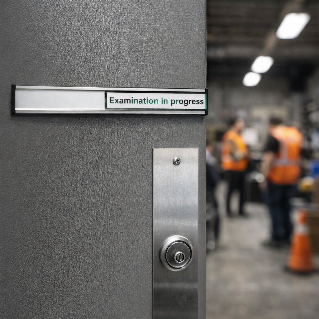 Examination Door Slider Sign – 300mm x 40mm – Anodised Aluminium – Privacy Maintenance