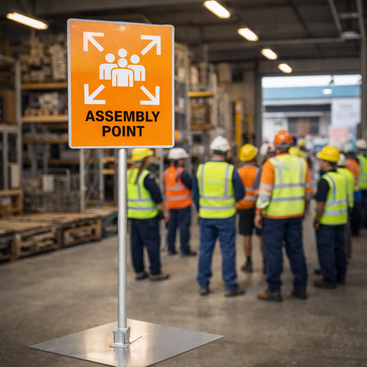 Mobile Assembly Point Sign – 2.4m Pole – Collapsible & Durable – Emergency Use