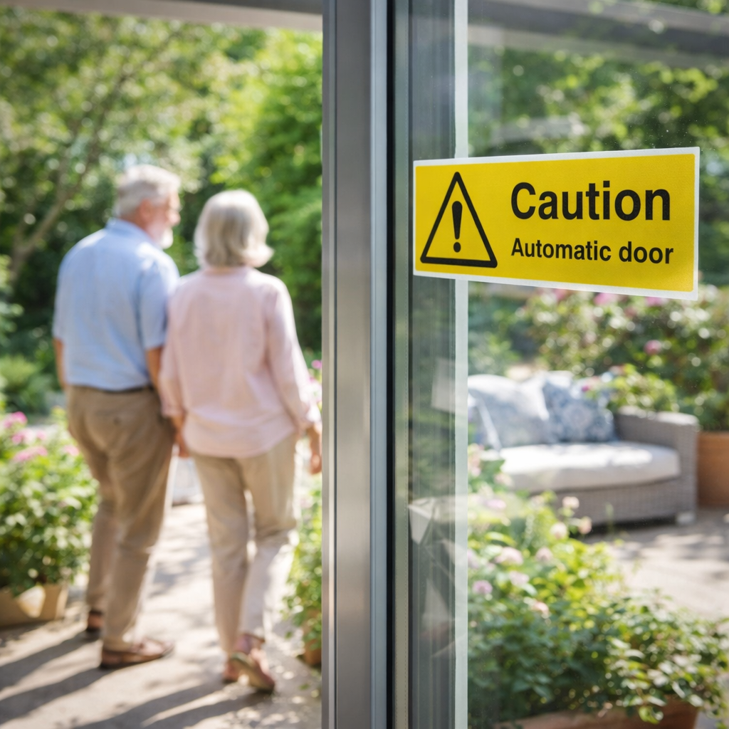Caution Automatic Door Signs – 1mm Rigid Plastic & Vinyl – Indoor/Outdoor Use