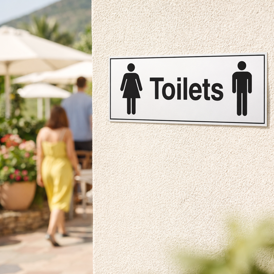 Toilets Sign – Male & Female Symbol – Rigid Plastic & Self-Adhesive Vinyl – Indoor & Outdoor Use