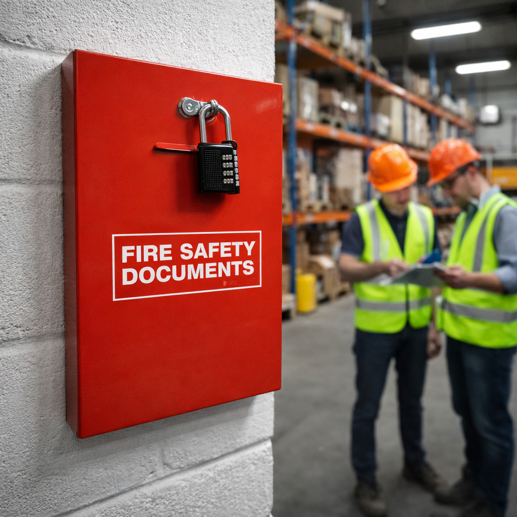 Metal Fire Safety Document Holder – Slimline 55mm – Combination Padlock – Secure Wall Mount