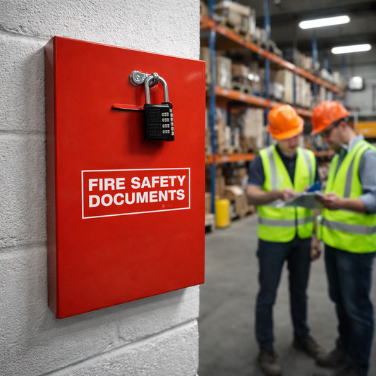 Metal Fire Safety Document Holder – Slimline 55mm – Combination Padlock – Secure Wall Mount