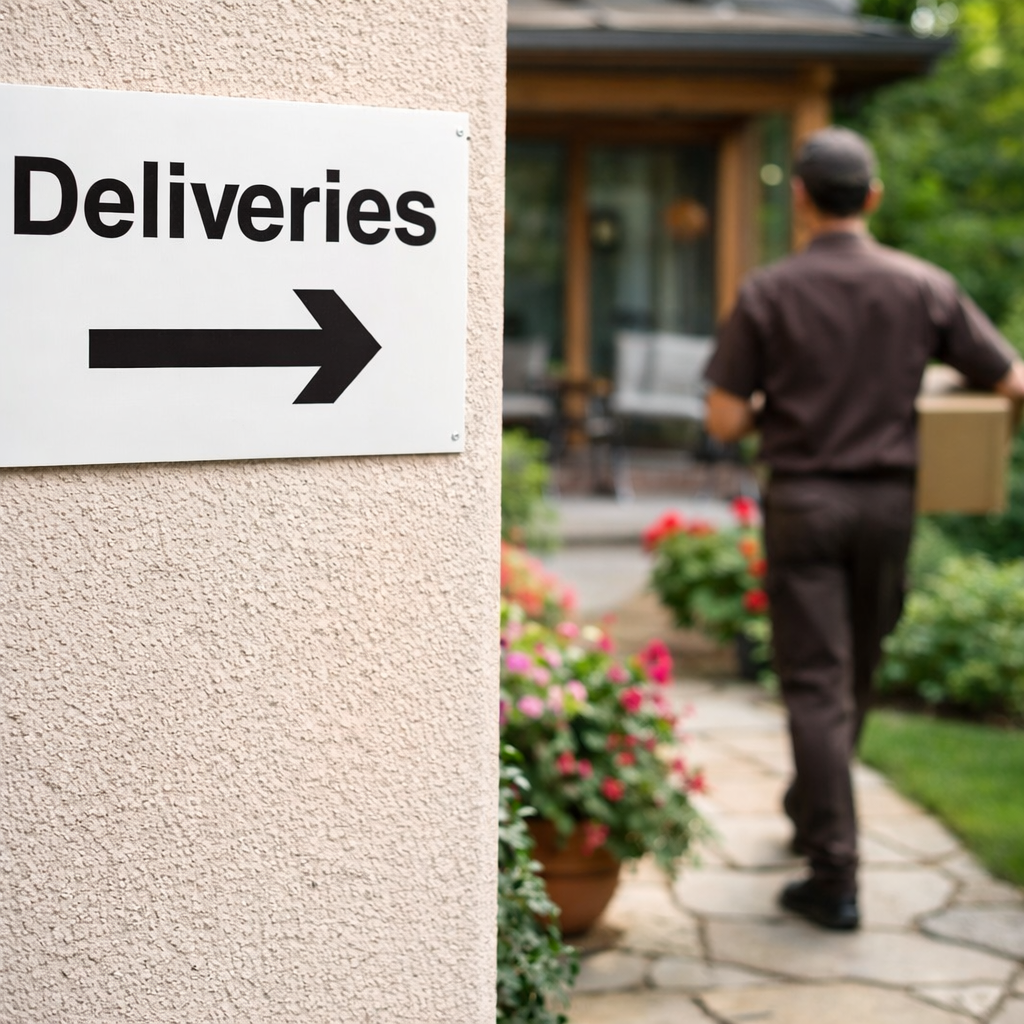 Deliveries Arrow Right Signs – 400mm x 300mm – Rigid Plastic – Indoor/Outdoor Use