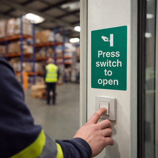 Press Switch To Open Sign – 75mm x 100mm – Self Adhesive Vinyl – Indoor Use