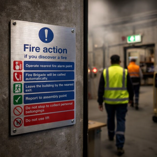 Fire Action Notice Sign – 150mm x 200mm – Brushed Aluminium – Safety Compliance