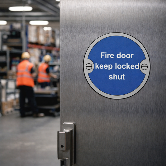 Fire Door Keep Locked Shut Signs – 76mm Diameter – Brushed Aluminium, Brass, Stainless Steel – Commercial Use