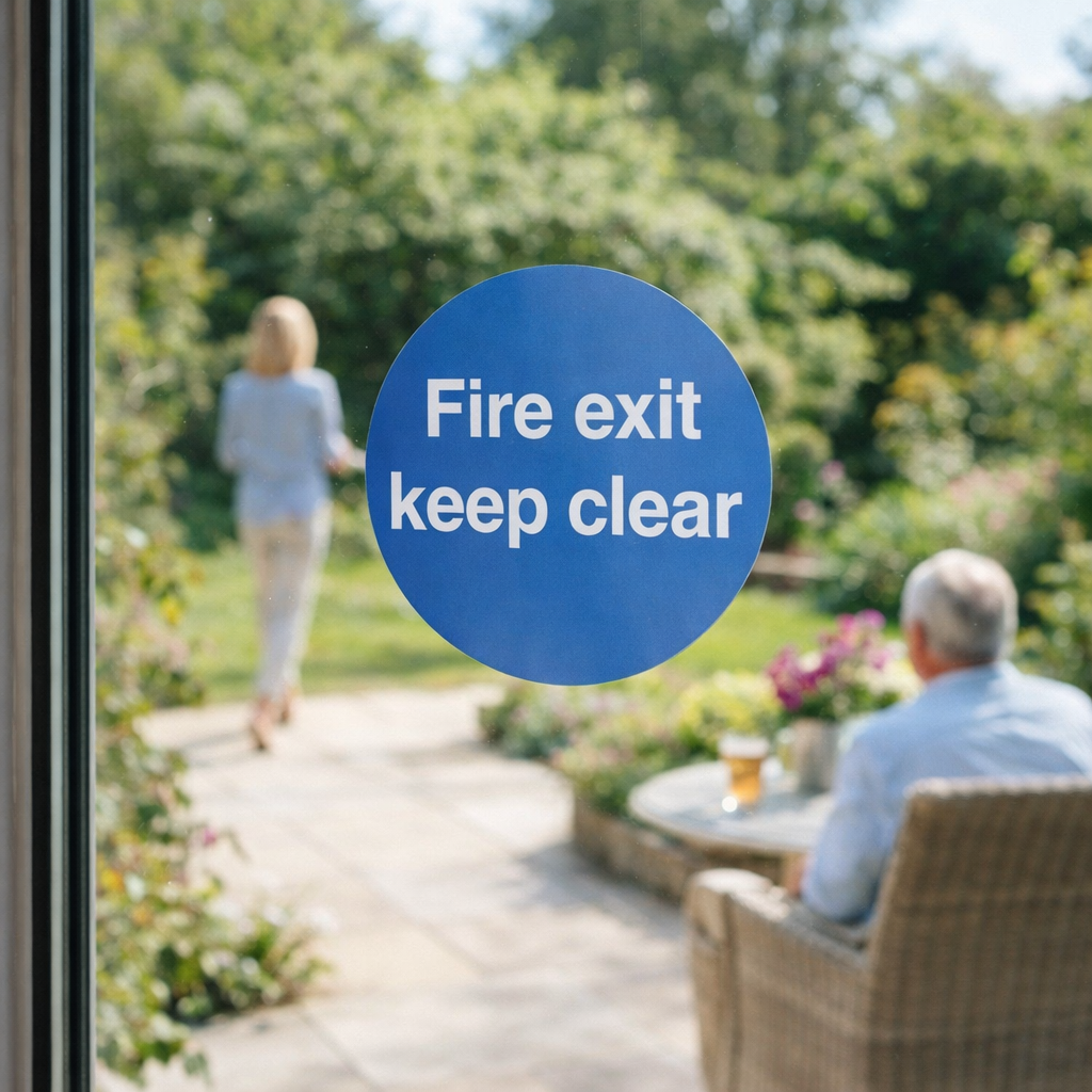 Fire Exit Keep Clear Window Sticker – 100mm x 100mm – Self-Adhesive – Indoor/Outdoor Use