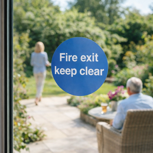 Fire Exit Keep Clear Window Sticker – 100mm x 100mm – Self-Adhesive – Indoor/Outdoor Use