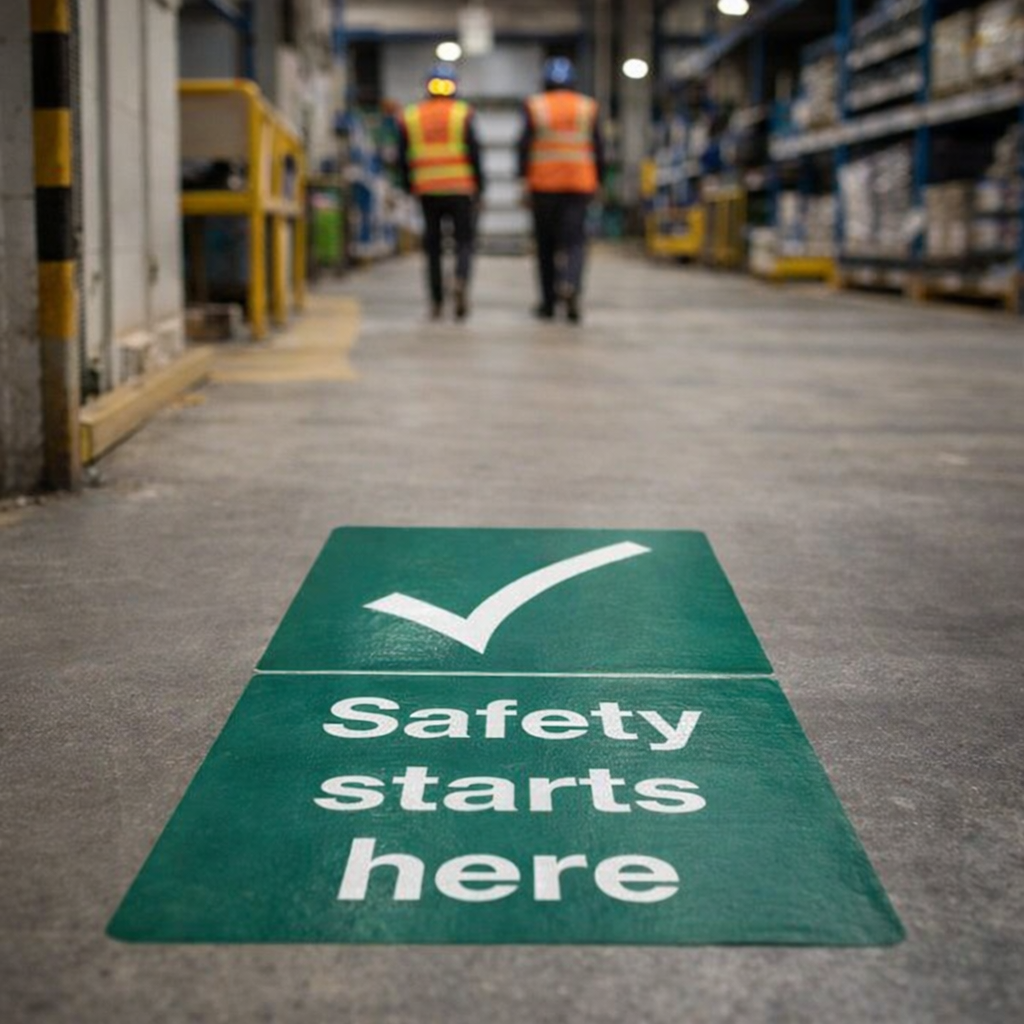 Safety Starts Here Floor Graphic Safety Sign – 400mm x 600mm – Polycarbonate – Industrial Use