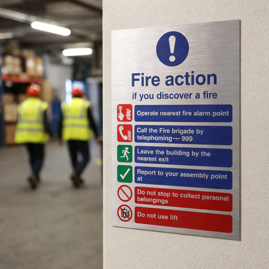 Fire Action Notice – 150mm x 200mm – Brushed Aluminium – Indoor Safety