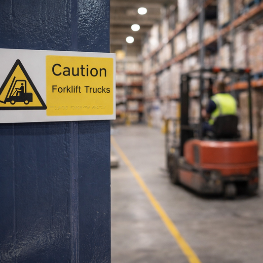 Braille Caution Forklift Truck Sign – 300mm x 150mm – 1.5mm PVC – Industrial Safety
