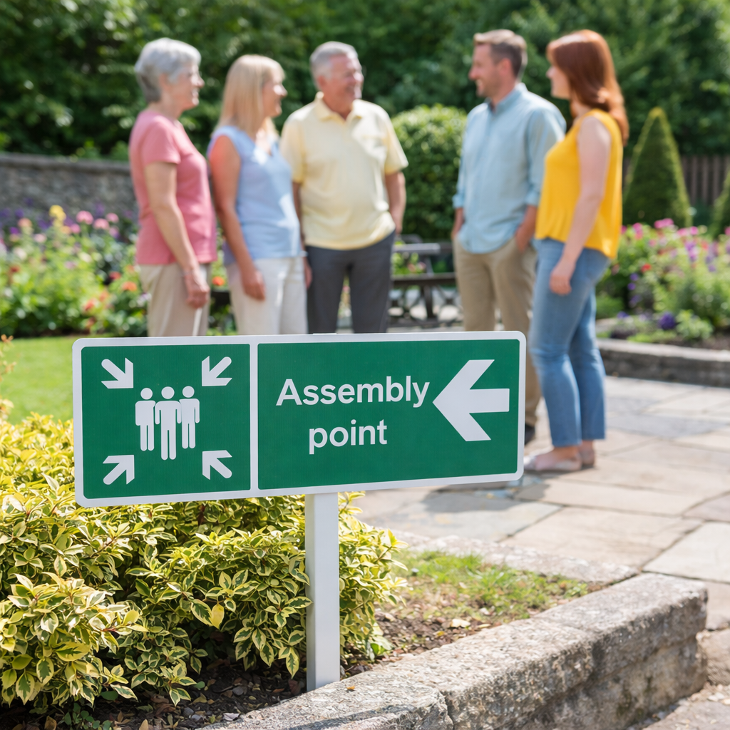 Assembly Point Left Verge Sign – 450mm x 150mm – 2mm Aluminium – Outdoor Safety