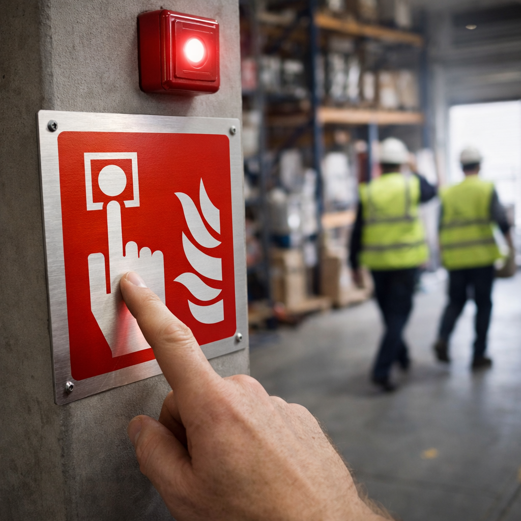 Fire Alarm Call Point Symbol Sign – 175mm x 175mm – Brushed Aluminium – Commercial Use