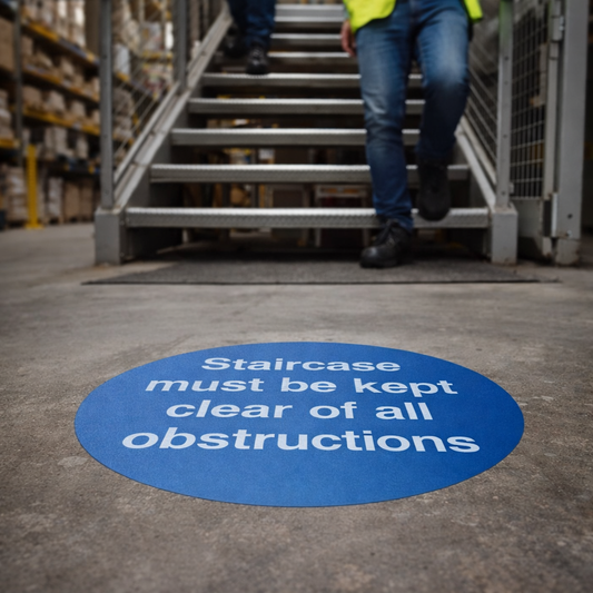 Staircase Must Be Kept Clear Floor Graphic Safety Sign – 400mm Diameter – Polycarbonate – Industrial Use