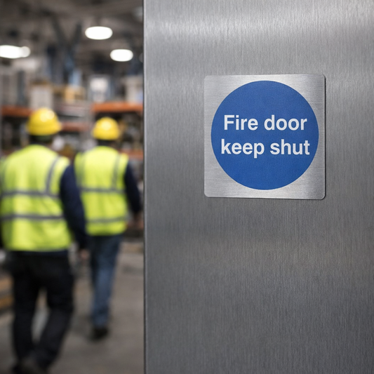 Fire Door Keep Shut Sign – 70mm x 70mm – Brushed Aluminium – Indoor Safety