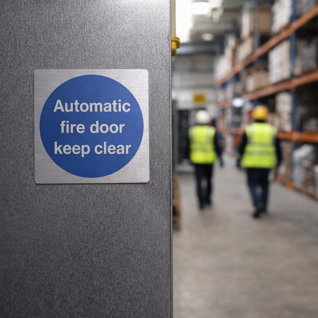 Automatic Fire Door Keep Clear Sign – 70mm x 70mm – Brushed Aluminium – Commercial Use