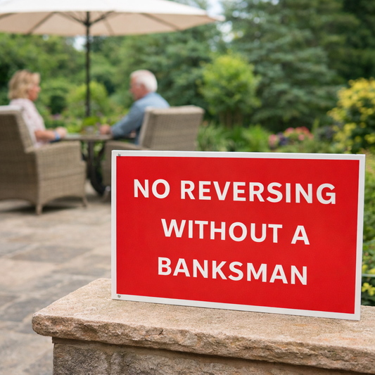 Safety Warning Sign – No Reversing Without Banksman – 1mm Rigid Plastic – Indoor & Outdoor