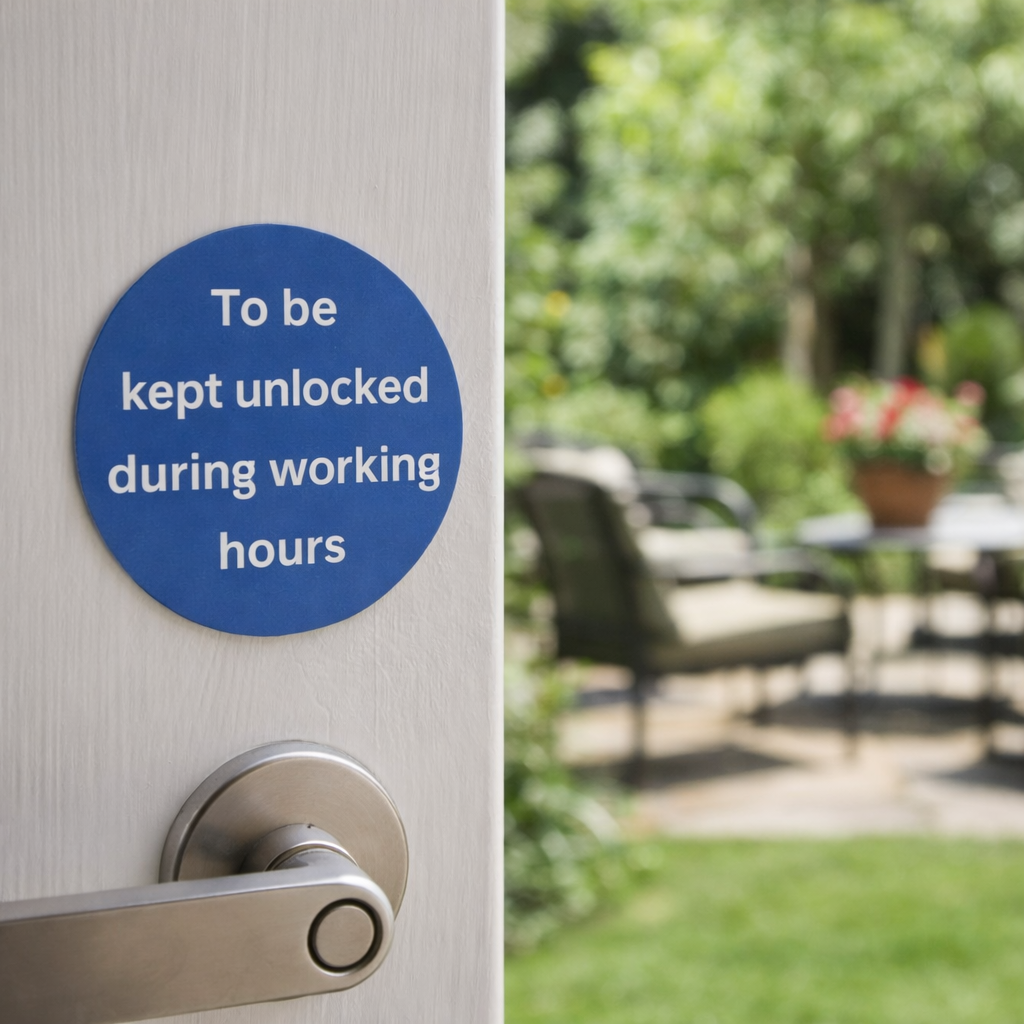 To Be Kept Unlocked During Working Hours Safety Sign – 1mm Rigid Plastic – Indoor/Outdoor Use