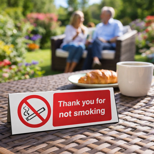 Thank You for Not Smoking Table Cards – 150mm x 50mm – Rigid Plastic – Indoor/Outdoor Use
